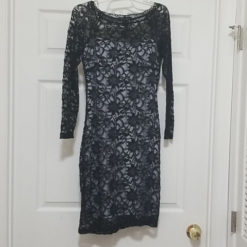 Candalite black lace overlay long sleeve dress M
